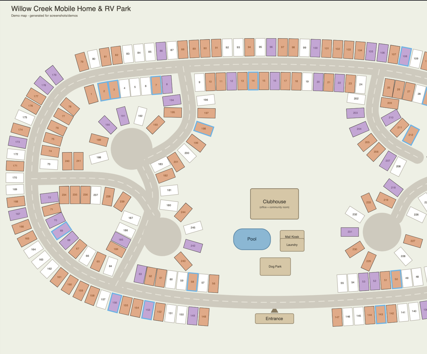 CHAP live map of a mobile home park with parcels colored by check-in status